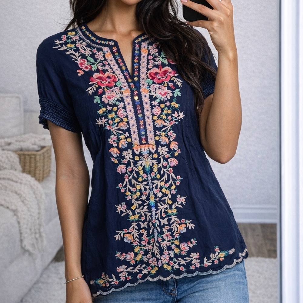 🌺 Johnny Was Raina Short Sleeve Embroidered Blouse Size XS